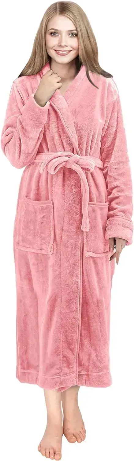 Women Fleece Shawl Collar Bathrobe - Plush Long Robe