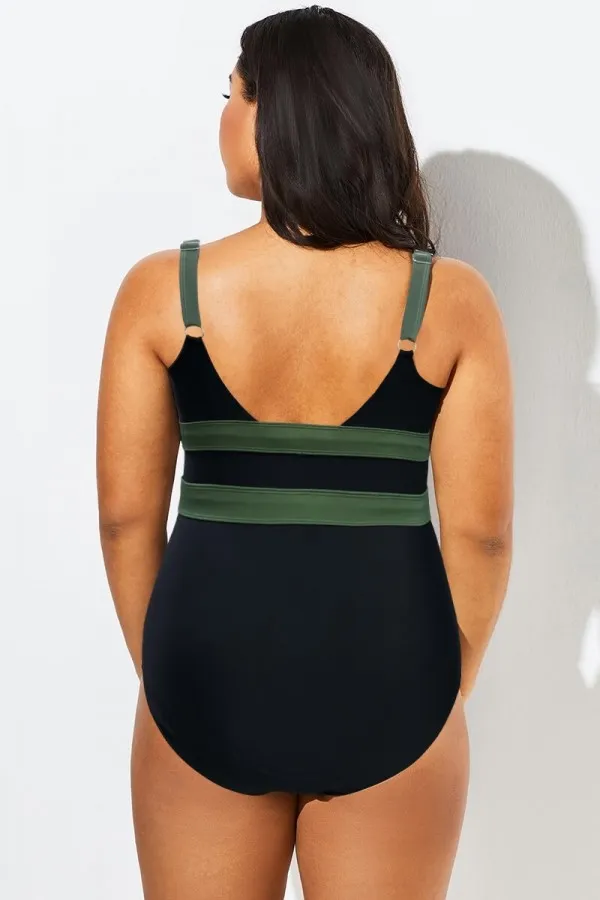 Green Colorblock Cut Out One Piece Swimsuit