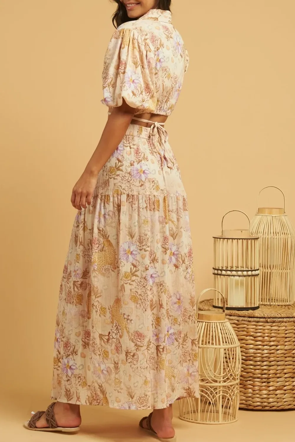 Beige And Pink Floral Print Puff Sleeve Crop Top