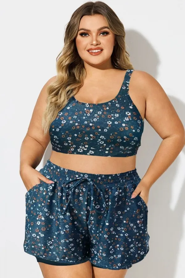 Plus Size Round Neck Black Patchwork Bikini Top