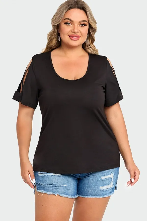 Black Square Neck Lattice Cold Shoulder Top