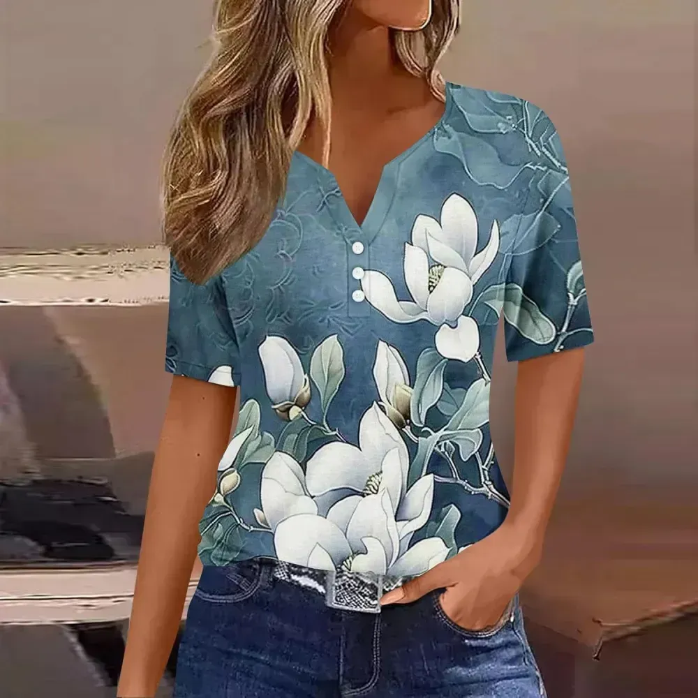 Shirts for Women Casual Printed Summer Tops Short-Sleeved Button V-Neck Tops Blouse Fashion Boho T-Shirts