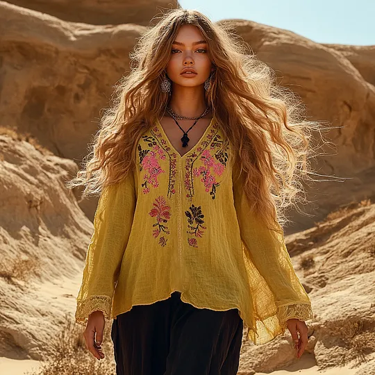 Vintage Holiday Bohemian Style Linen V Neck Long Sleeve Shirt