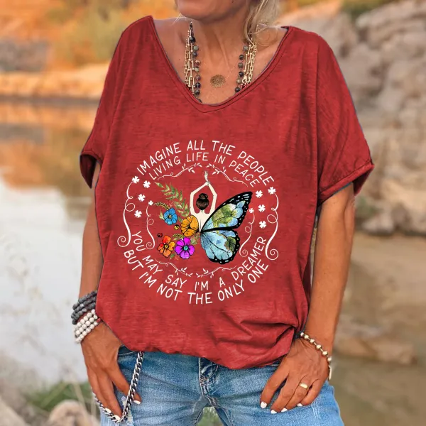 Imagine All The People Living Life In Peace Printed Women's T-shirt