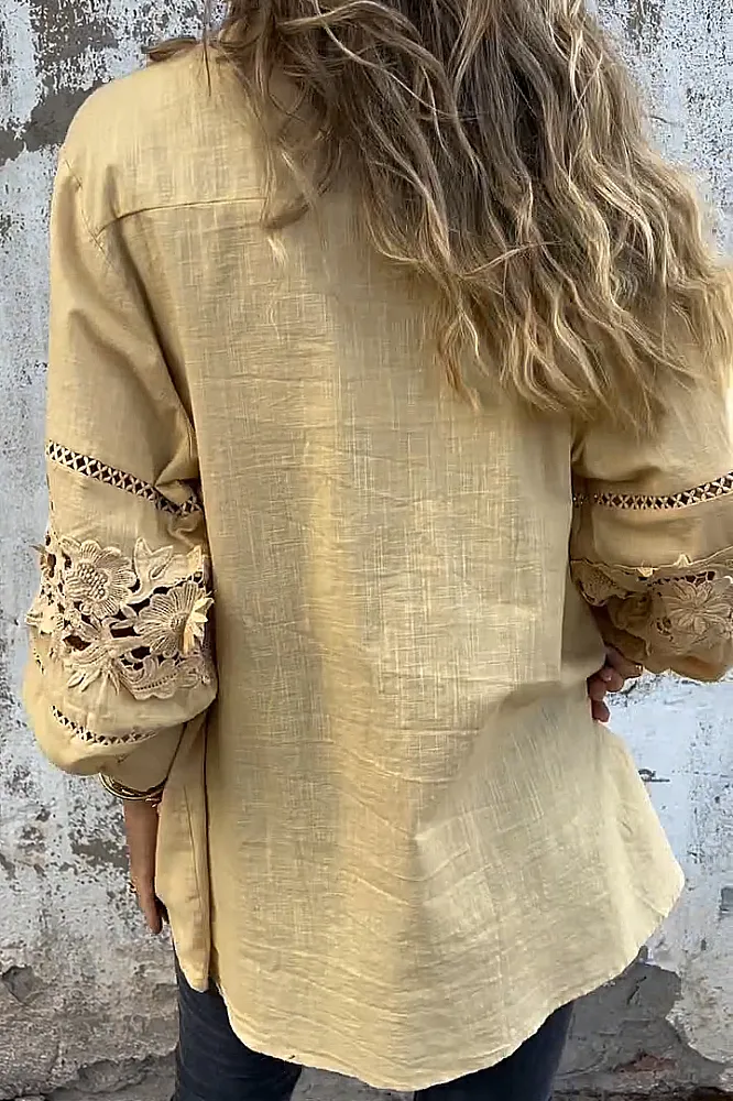 Women's solid color cotton and linen hollow out shirt