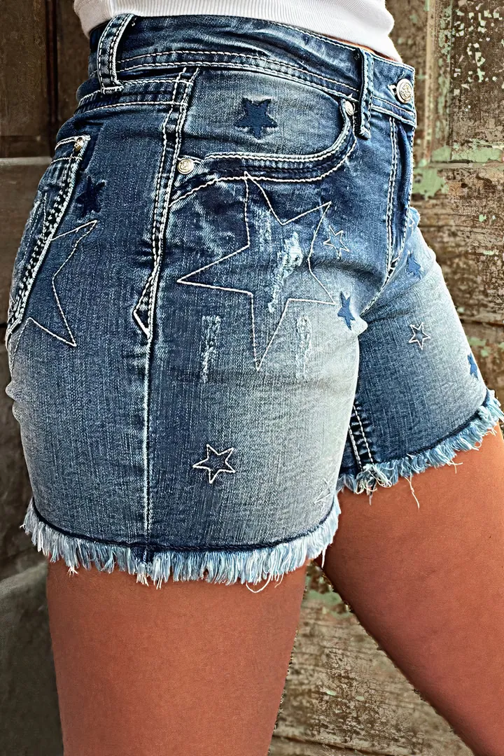 Star Pattern Ripped Raw Hem Mid Rise Denim Shorts