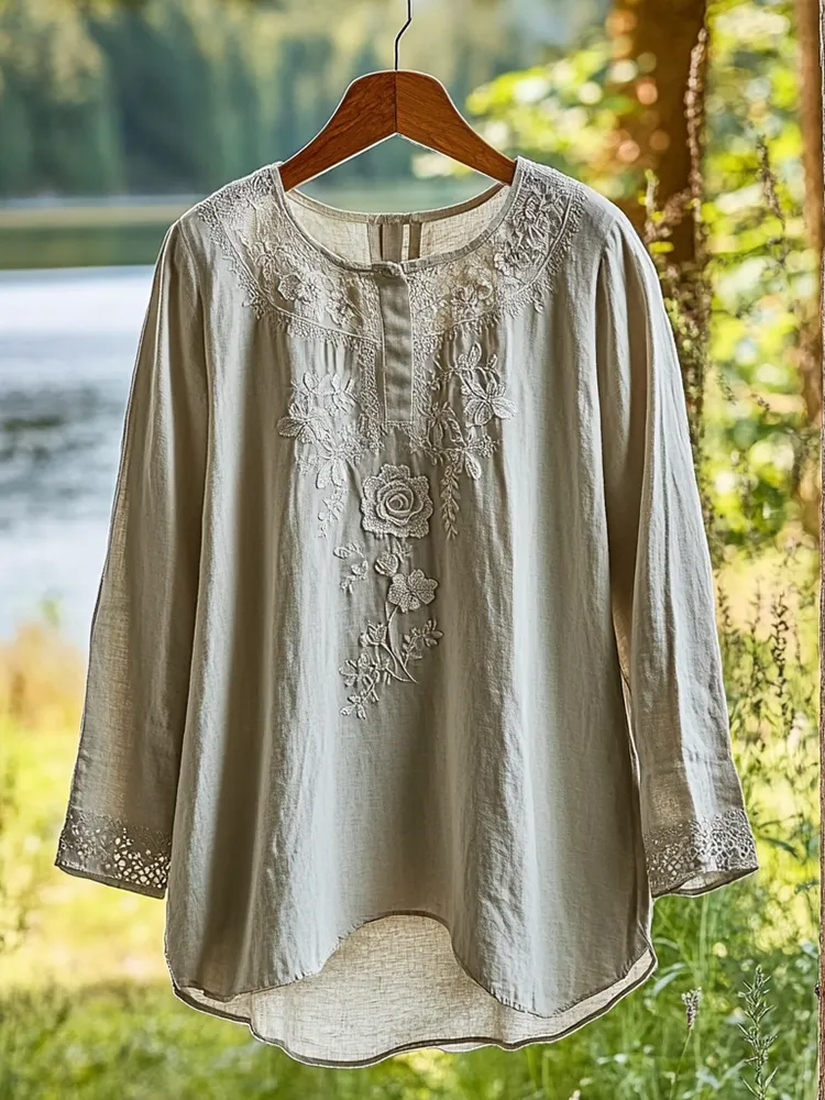 Women's Lace Cutout Rose Floral Design Linen Shirt