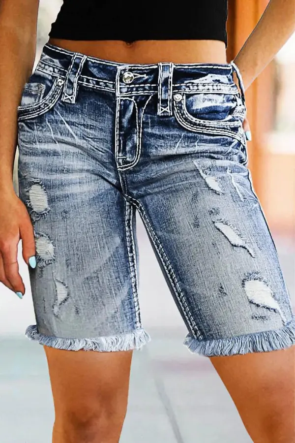 Ripped Raw Hem Mid Waist Denim Mid Thigh Shorts