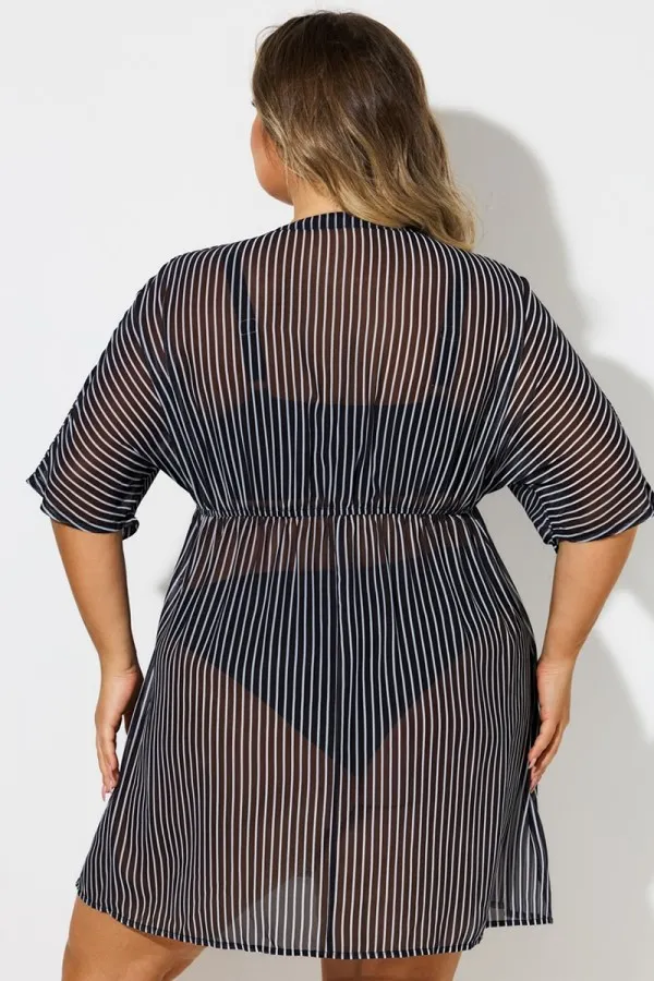 Plus Size Striped Tassel Tie Front Cover Up