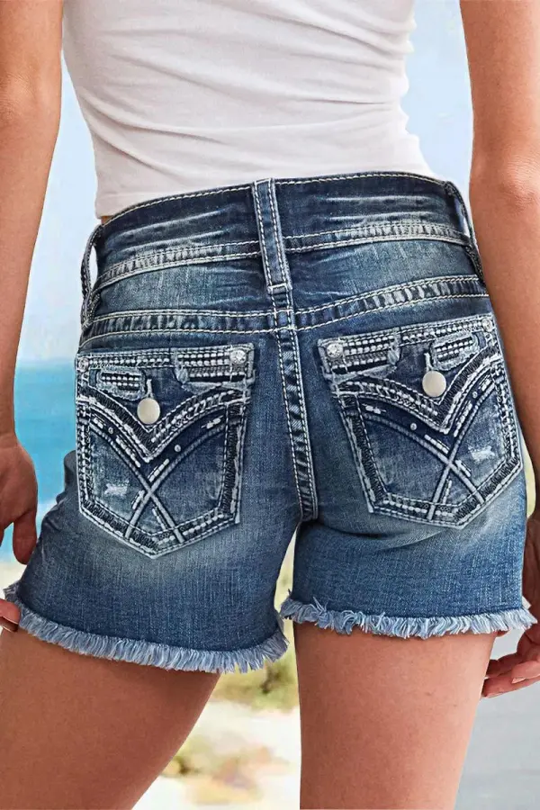 Ripped Raw Hem Rhinestone Detail Mid Waist Denim Shorts