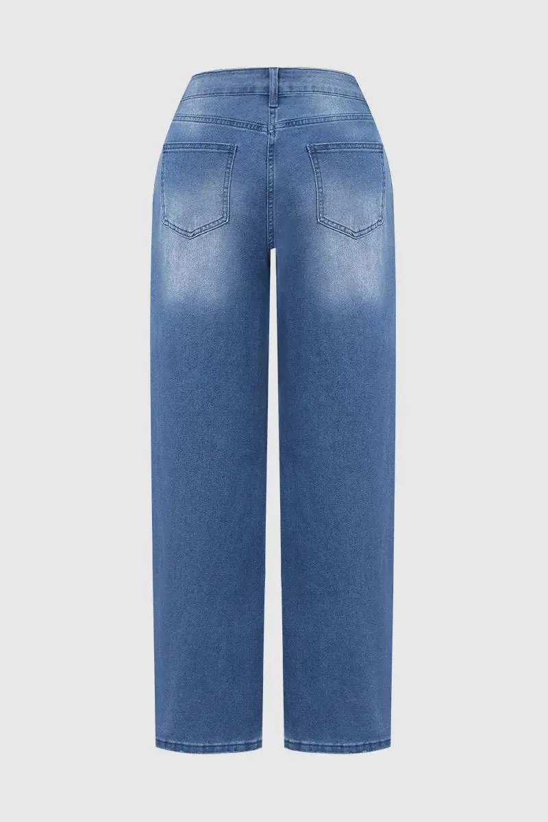 Wash Mid Rise Straight Leg Jeans Without Belt