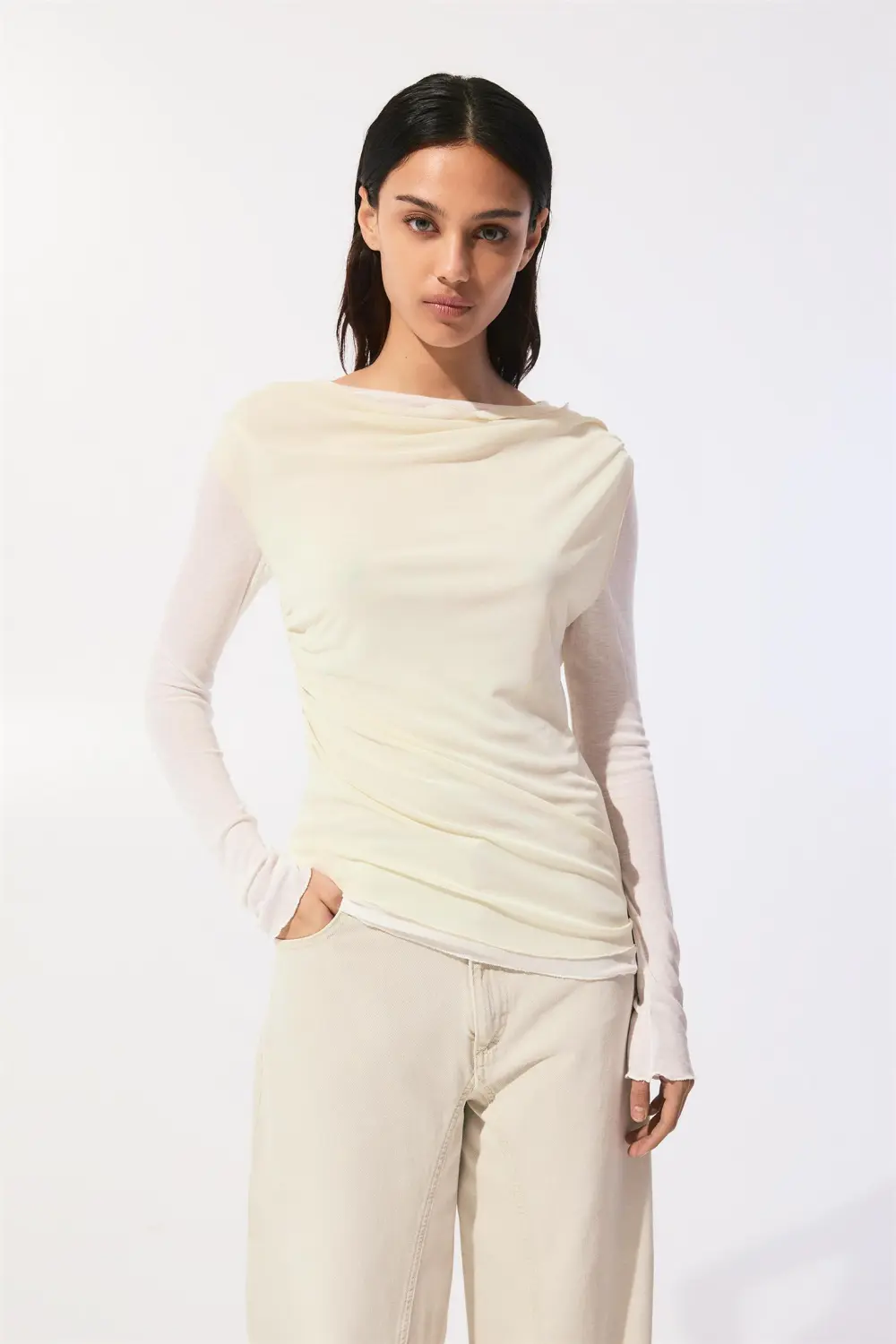 Semi-sheer asymmetric double-layer top