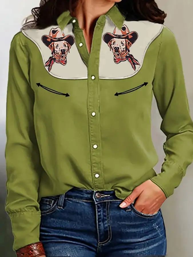 Women's Retro Western Dog With Cowboy Hat Print Casual Shirt