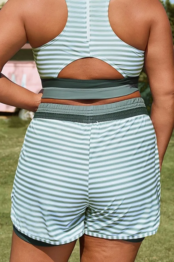 Plus Size Green Striped Mid Waist Women Shorts