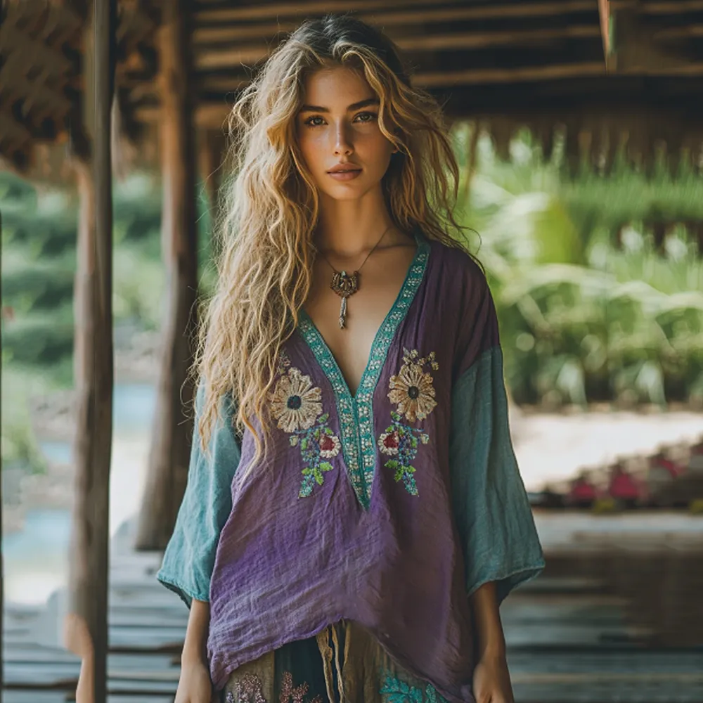 Retro Boho Tribal Floral Art Embroidery Print Cotton And Linen V-neck Loose Shirt