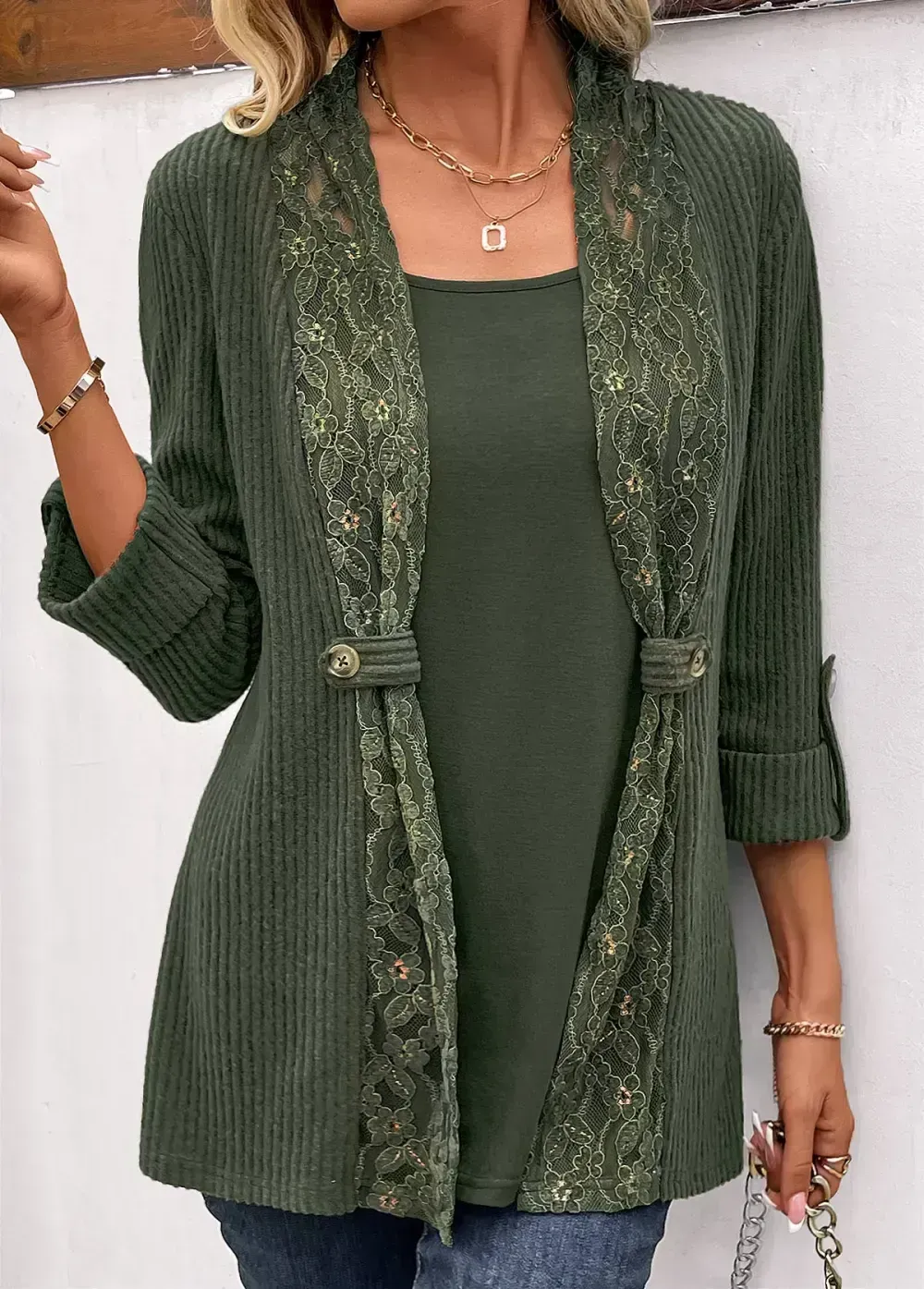 Olive Green Fake 2in1 Long Sleeve T Shirt