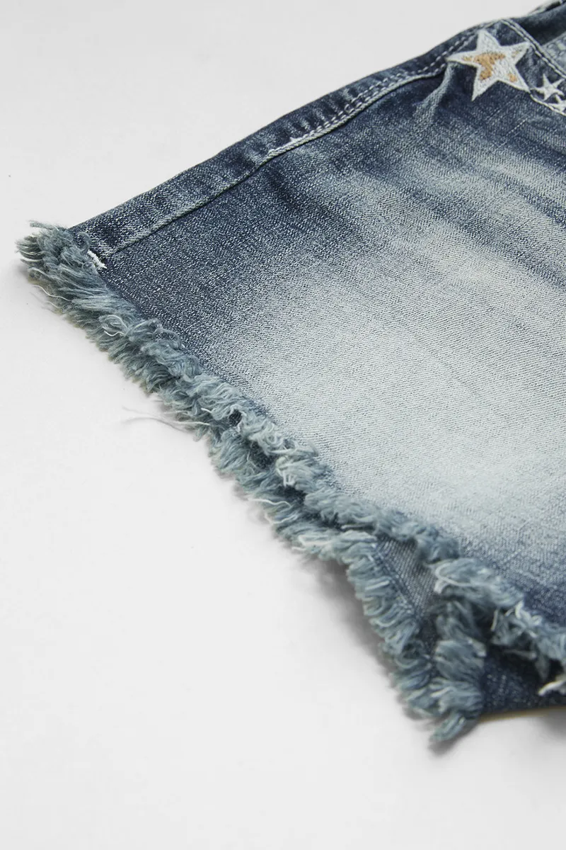 Star Embroidery Stitch Detail Mid Waist Denim Shorts