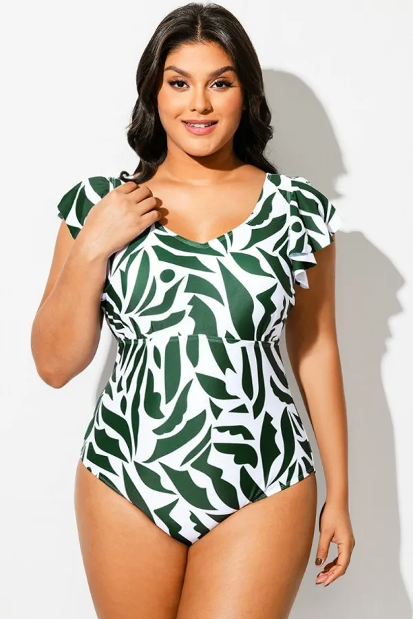Plus Size Random Printed V-Neck One Piece Swimsuit