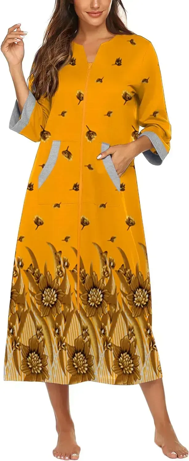 Women Zipper Robe 3/4 Sleeves Loungewear Dress Full Length Sleepwear Pockets Housecoat Nightgown Long Bathrobe