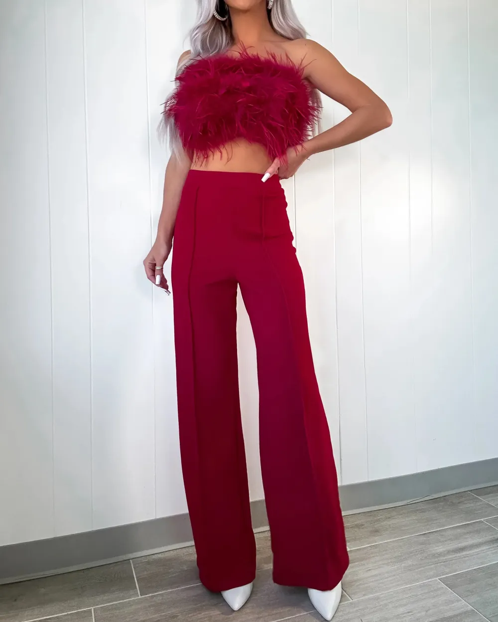 Fur Pants Set - Burgundy