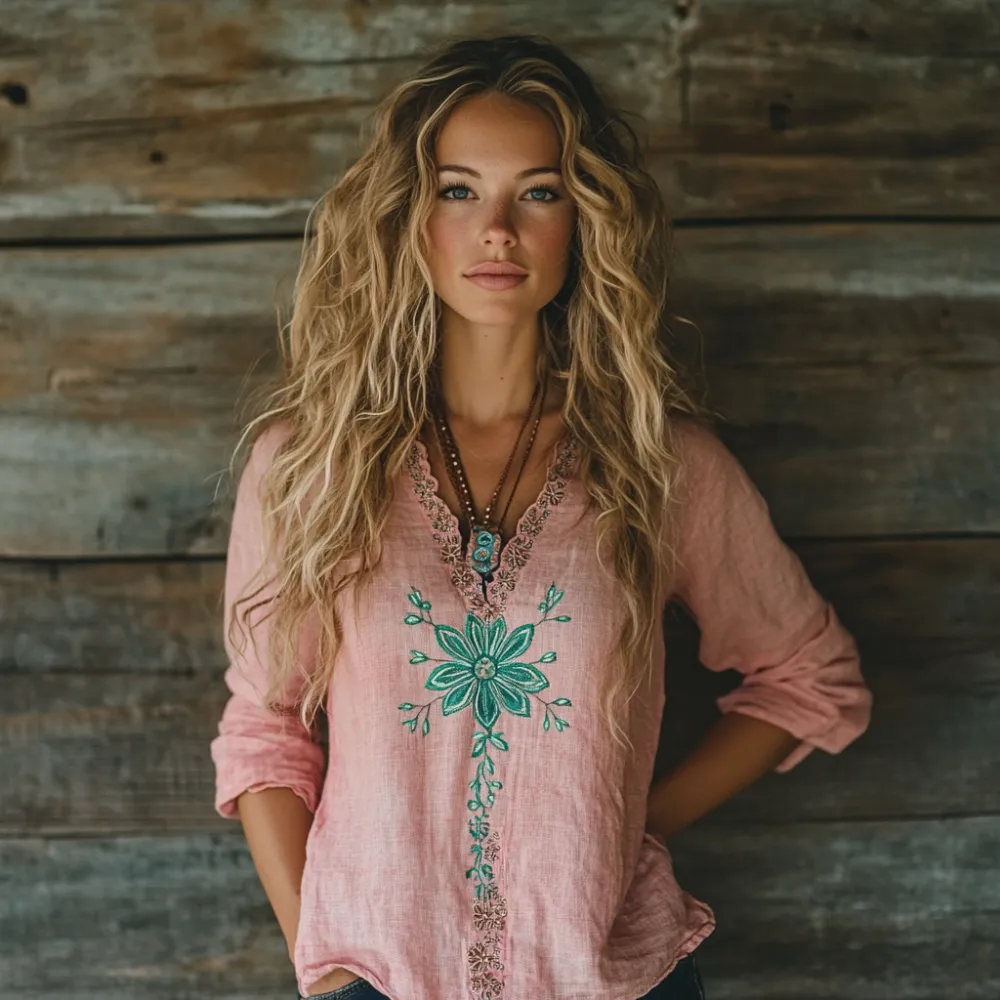 Boho Floral Tribal Embroidery Print Cotton And Linen Blend Loose Blouse