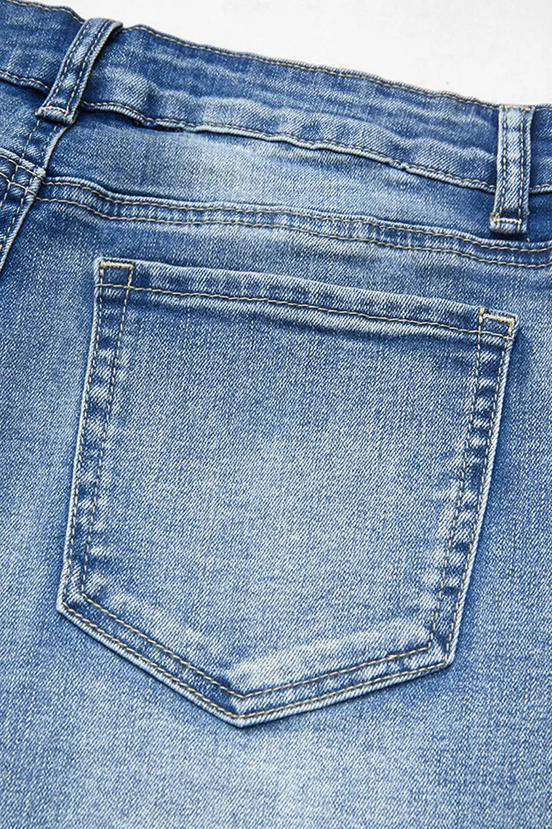 Floral Embroidery Raw Hem Mid Rise Denim Bermuda Shorts