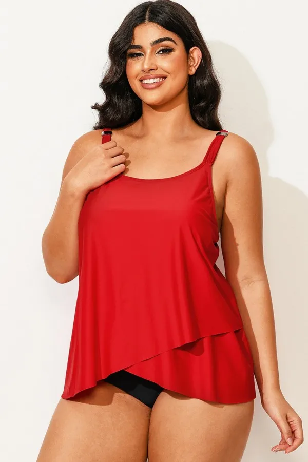 Solid Red Flowy Front Full Straight Back Tankini Top