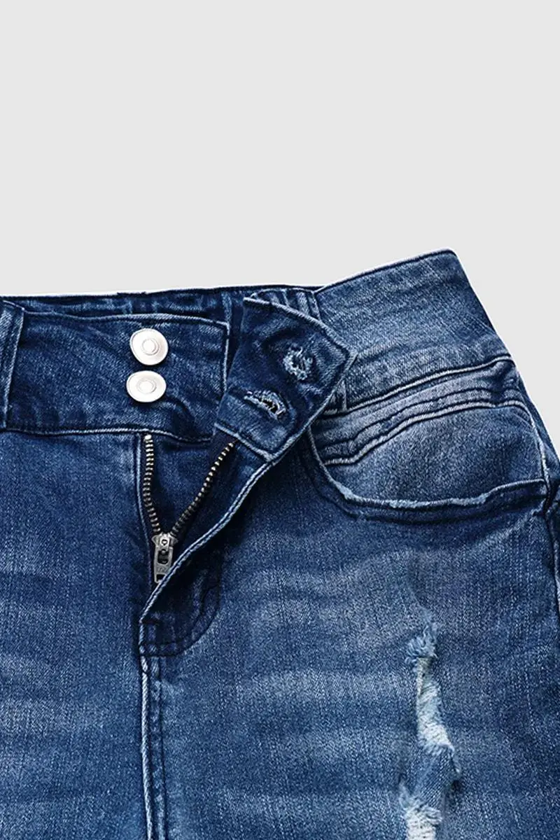 Wash Ripped Double Button High Rise Capri Jeans