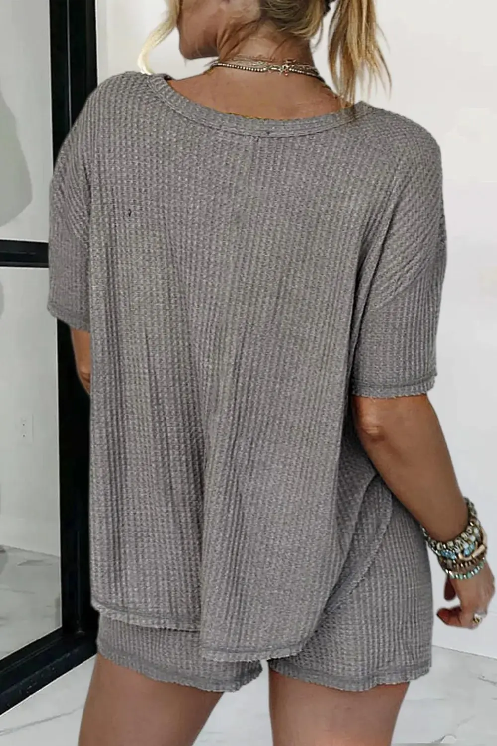 Waffle Knit Patch Pocket T-Shirt & Drawstring High Waist Mid Thigh Shorts Set