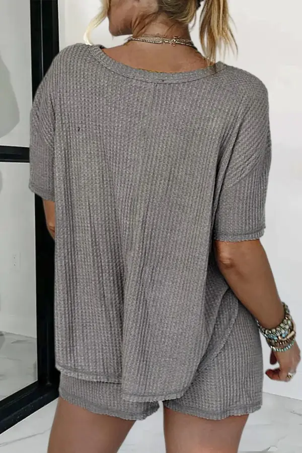 Waffle Knit Patch Pocket T-Shirt & Drawstring High Waist Mid Thigh Shorts Set