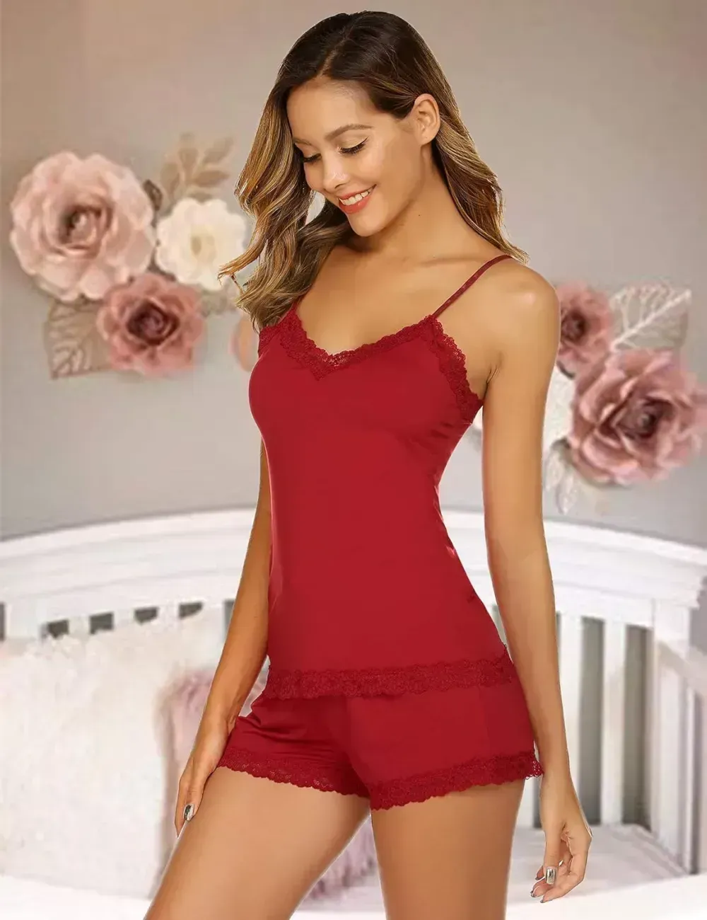 Women Cami Pajama Set Modal Sleepwear Lace Trim Short PJ Set with Shorts