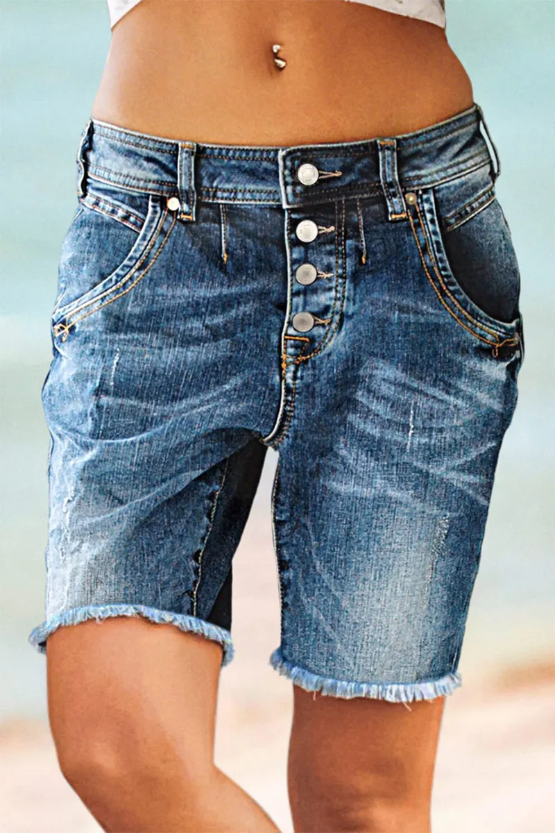 Button Fly Raw Hem Mid Waist Denim Mid Thigh Shorts