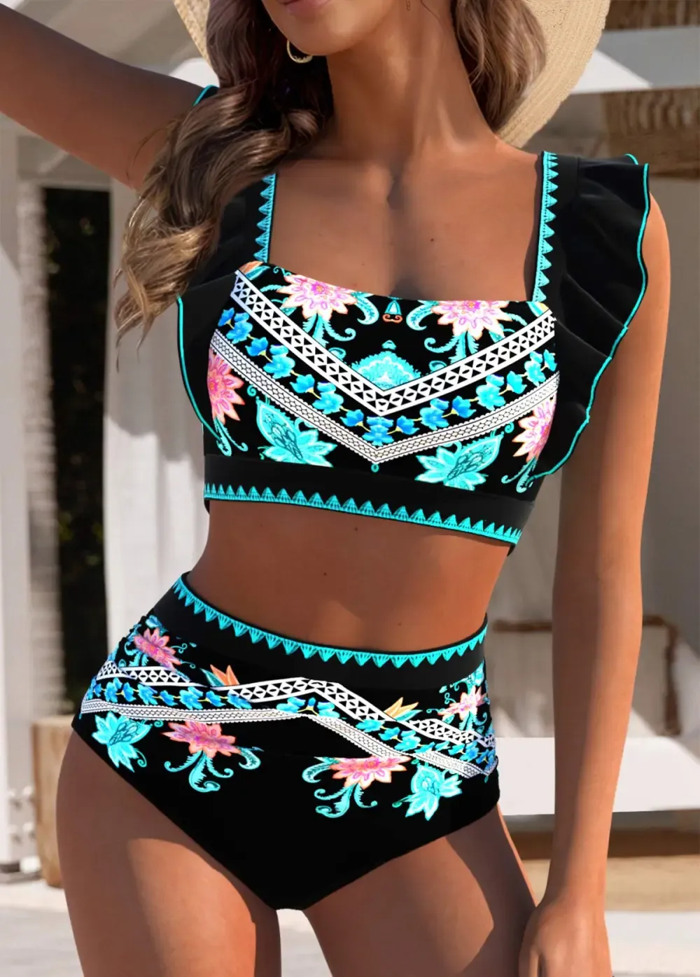 Circular Ring Mid Waisted Tribal Print Black Bikini Set