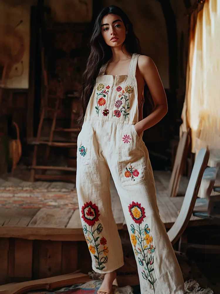 Vintage Floral Embroidered Art Linen Blend Loose Casual Jumpsuit