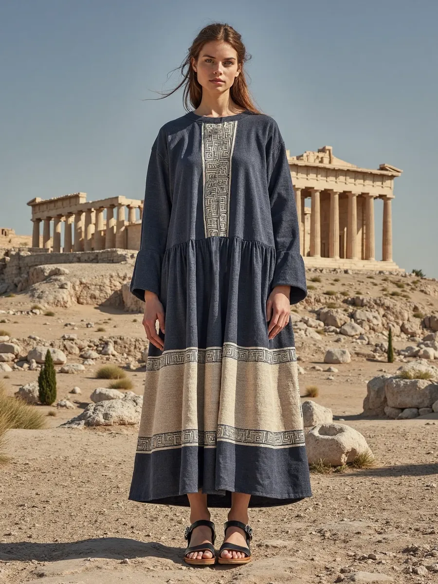 Retro Classic Greek Ethnic Graphics Crew Neck Linen Dress