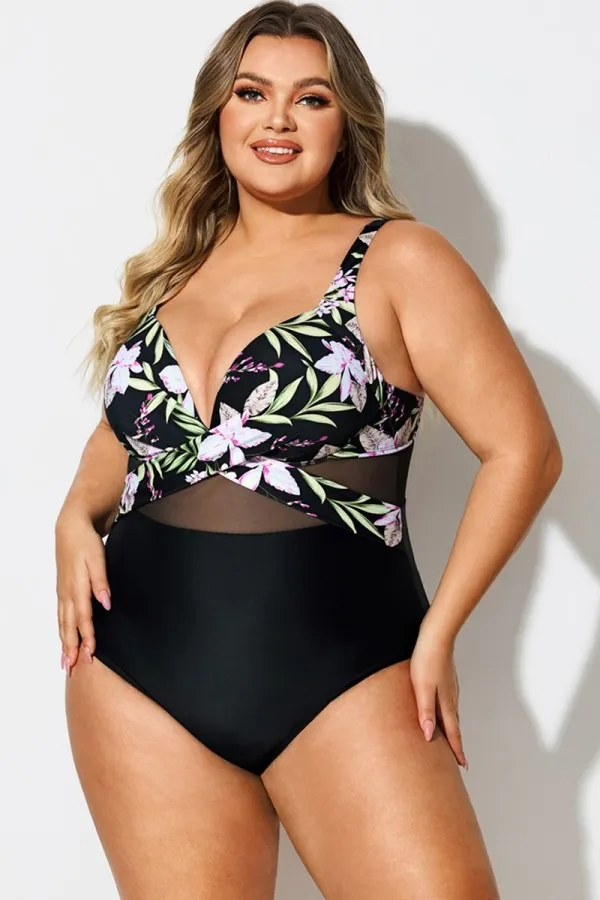 V-Neck Floral Print Wrap One Piece Swimsuit