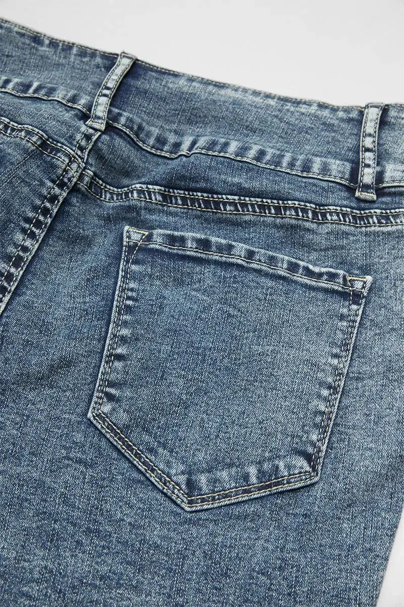 Stripe Ripped Roll Hem Button Fly Denim Shorts