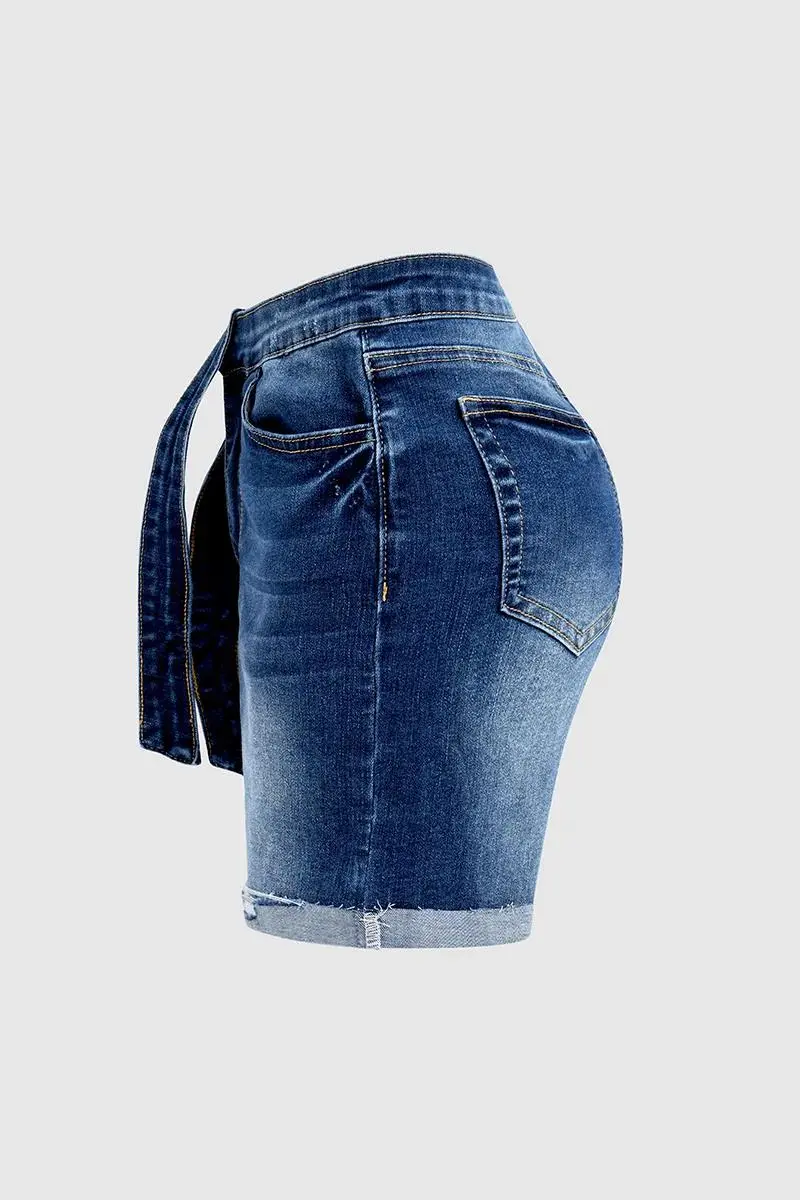 Tie Front High Waist Roll Hem Denim Shorts