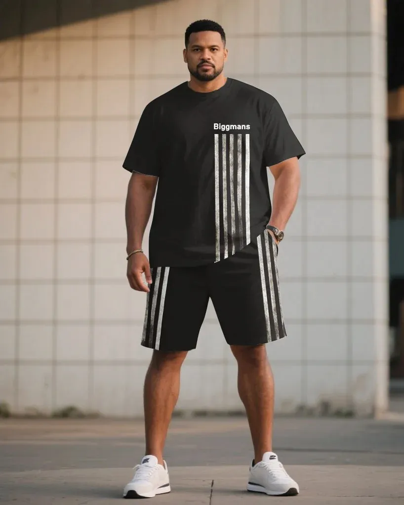 Big & Tall Men's Striped Side Stitching Printed T-Shirt and Shorts Suit