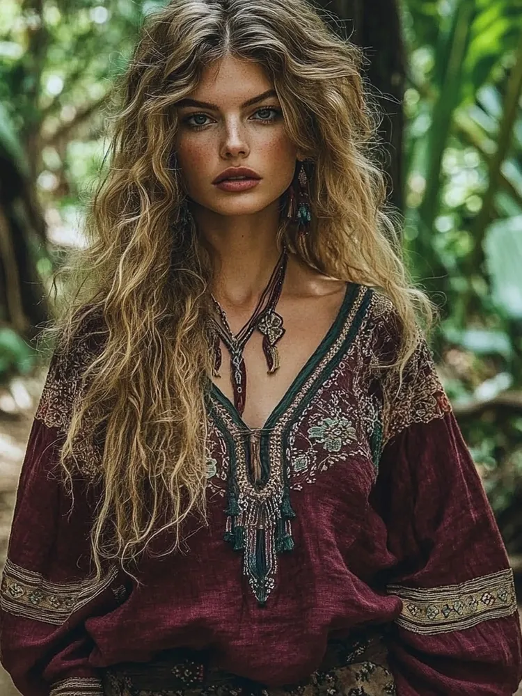 Vintage Embroidered Linen Blend V-neck Loose T-shirt