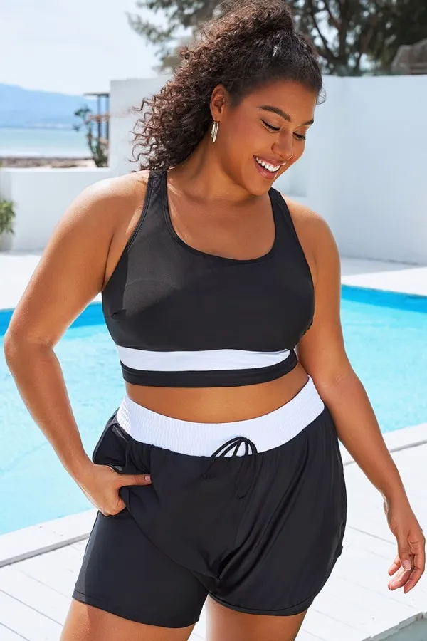 Round Neck Black & White Patchwork Bikini Top