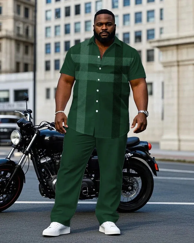 Men'S Plus Size Gentleman Style Green Large Plaid Short Sleeve Shirt Pants Suit
