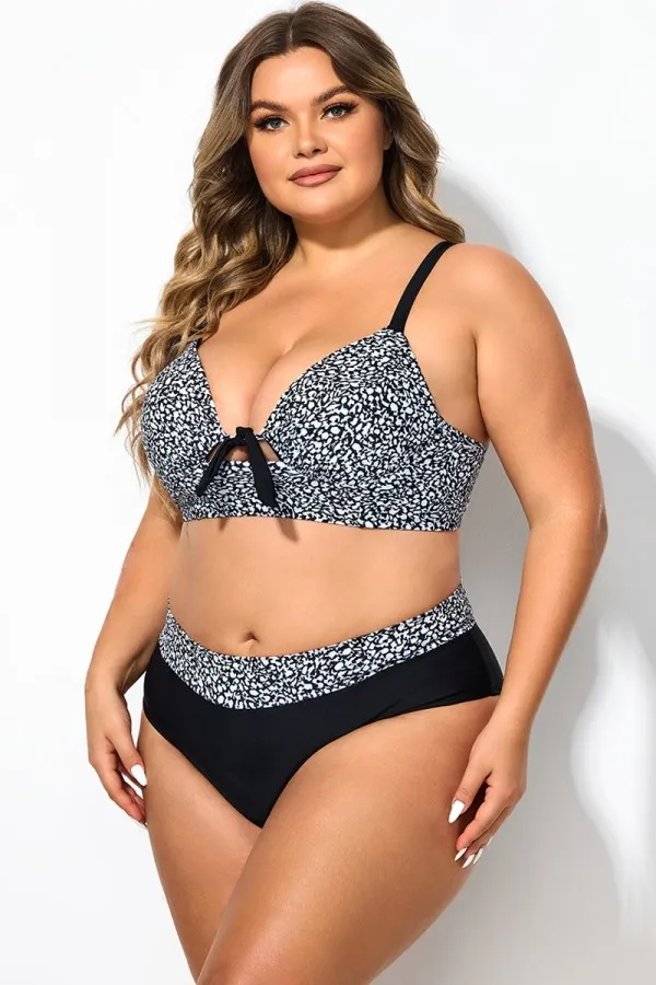 Black＆White Abstract Print Tie Front Underwire Bikini Top