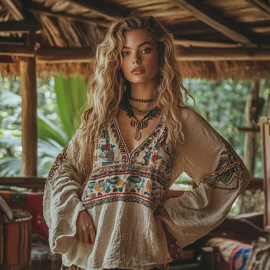 Retro Boho Tribal Embroidery Print Cotton And Linen Blend Loose Blouse