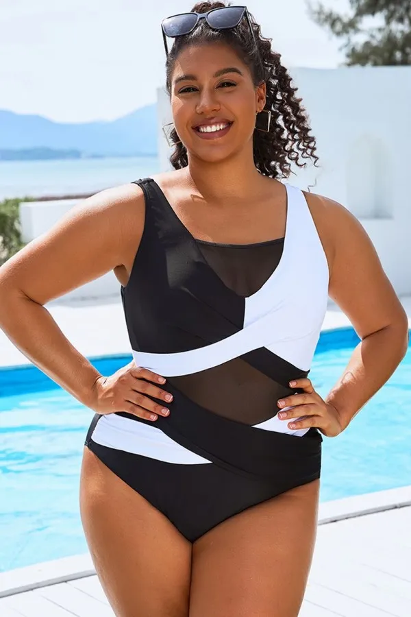 Black & White Sexy Cut Out Mesh One Piece Swimsuit