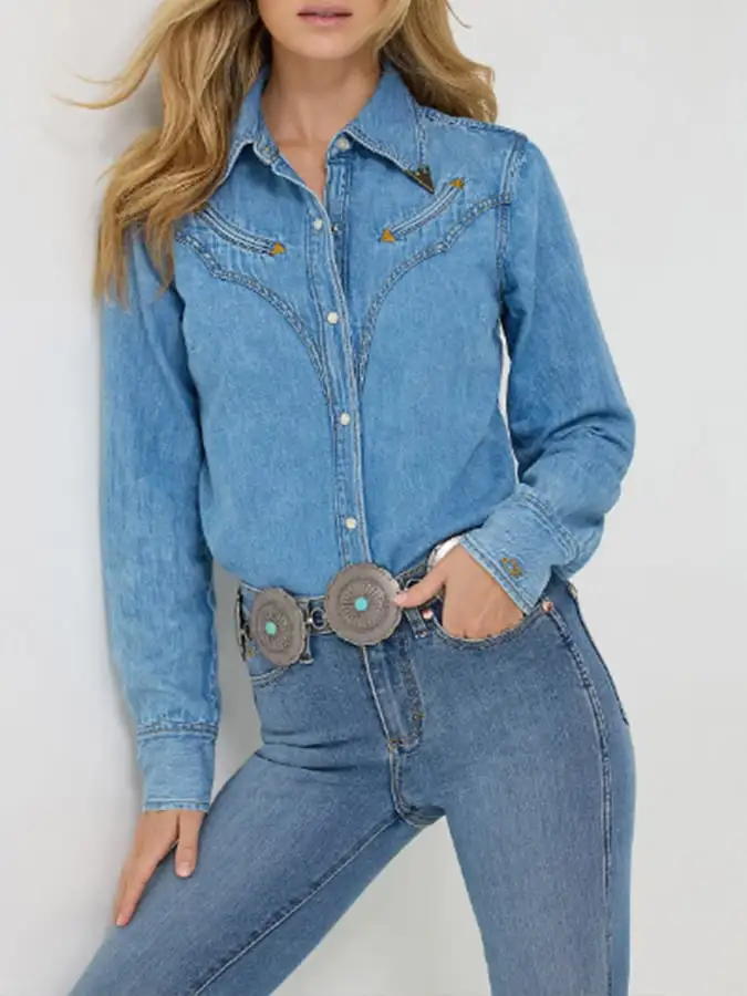 Women's Vintage Western Art Print Casual Linen Shirt