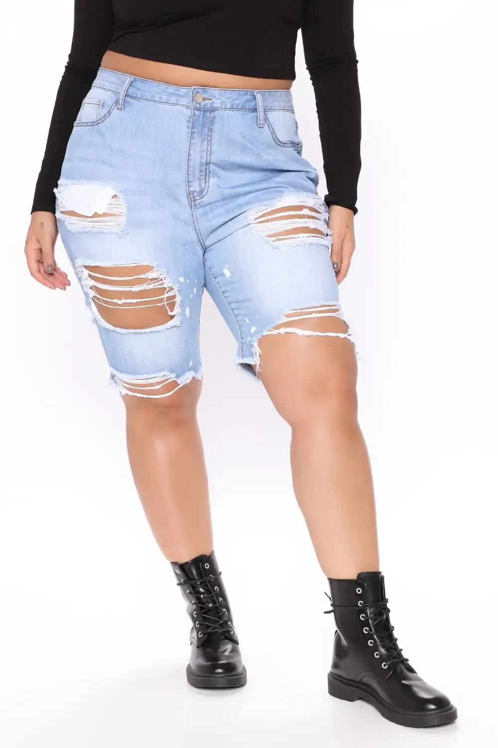 Victory Is Mine Denim Long Line Shorts - Light Blue Wash