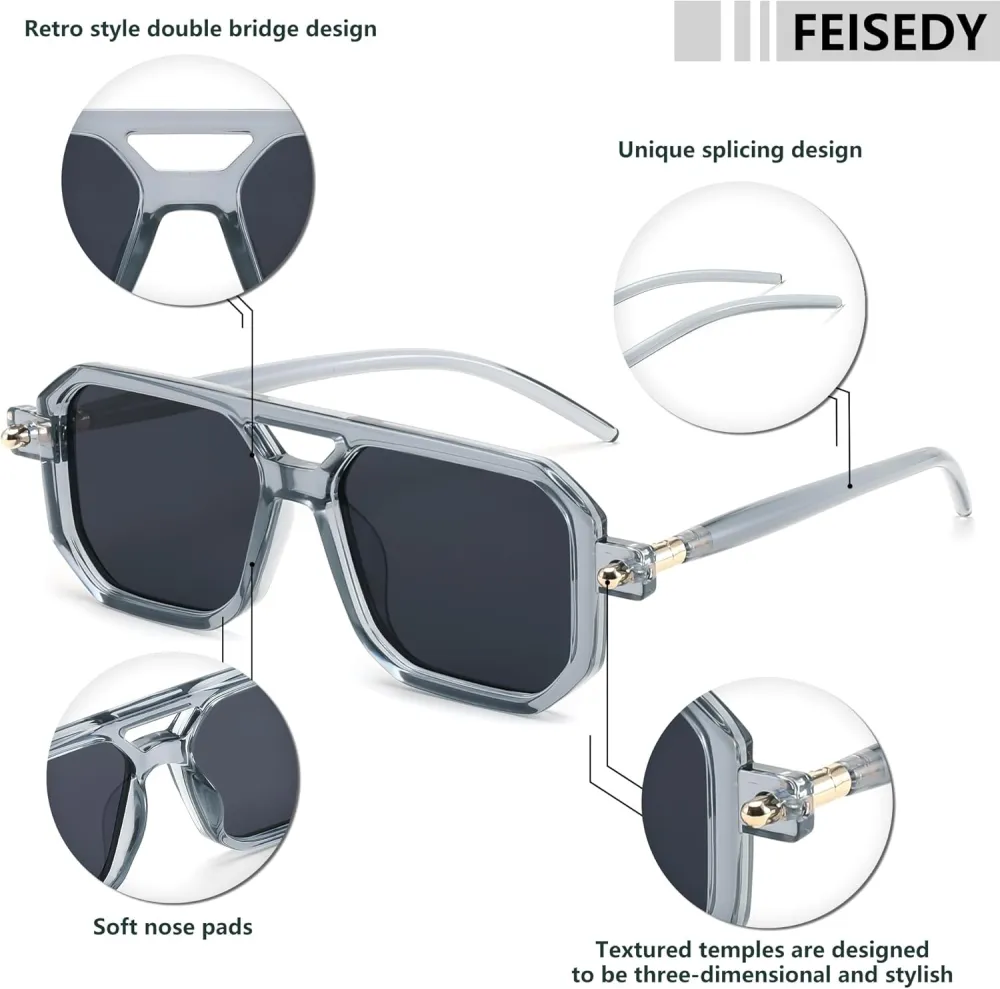 FEISEDY Vintage Square 70s Flat Aviator Sunglasses Women Men Classic Retro Stylish Frame UV400 Sunglasses B2622
