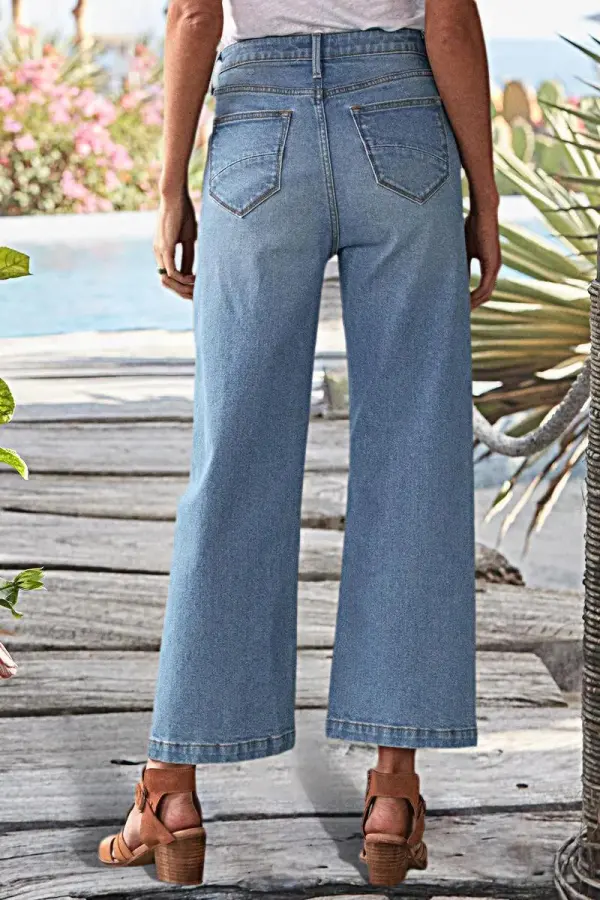 Button Fly Wide Leg Mid Rise Jeans Without Belt