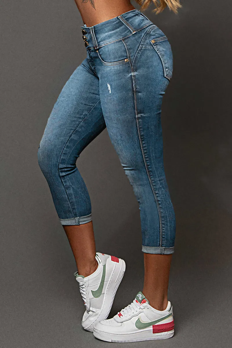 Button Up Roll Hem Mid Rise Capri Jeans